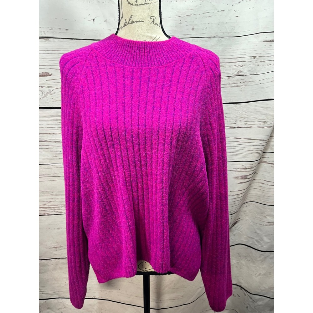 Express Womens Magenta Purple Ribbed Mock Neck Fuzzy Knit Sweater Size L